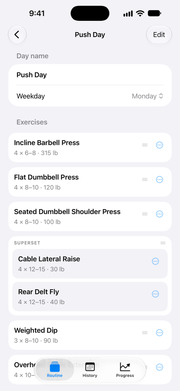 Editing Push Day in Ironload: day name, weekday, and a list of exercises including a superset
