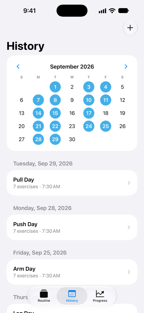 Ironload History tab with a September calendar marking workout days and a list of past sessions