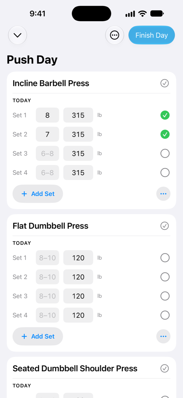 An Ironload workout in progress, with two sets of Incline Barbell Press checked off