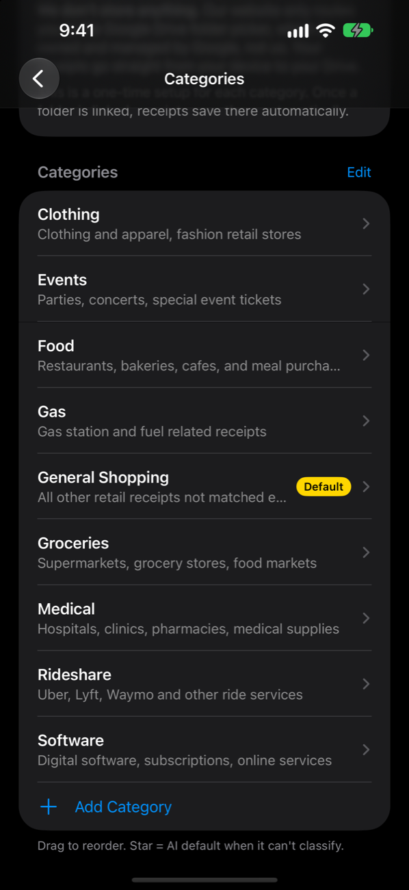 Receipty Categories list with descriptions such as Groceries, Gas, Rideshare, and a General Shopping default