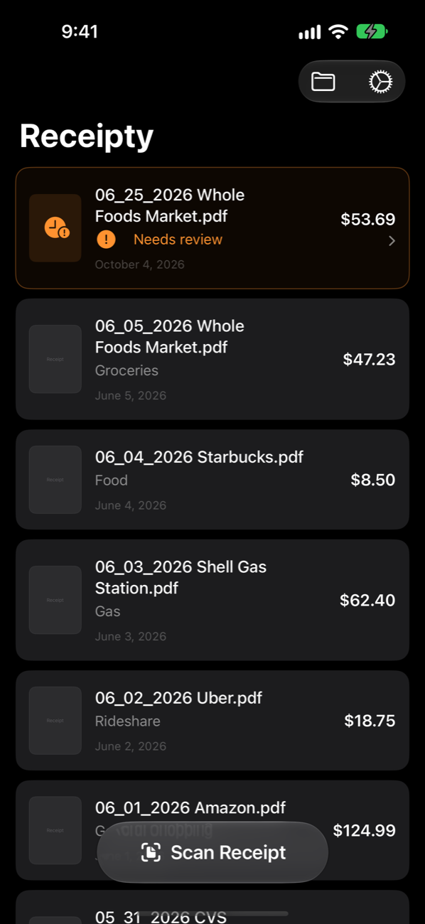 Receipty home screen listing receipts