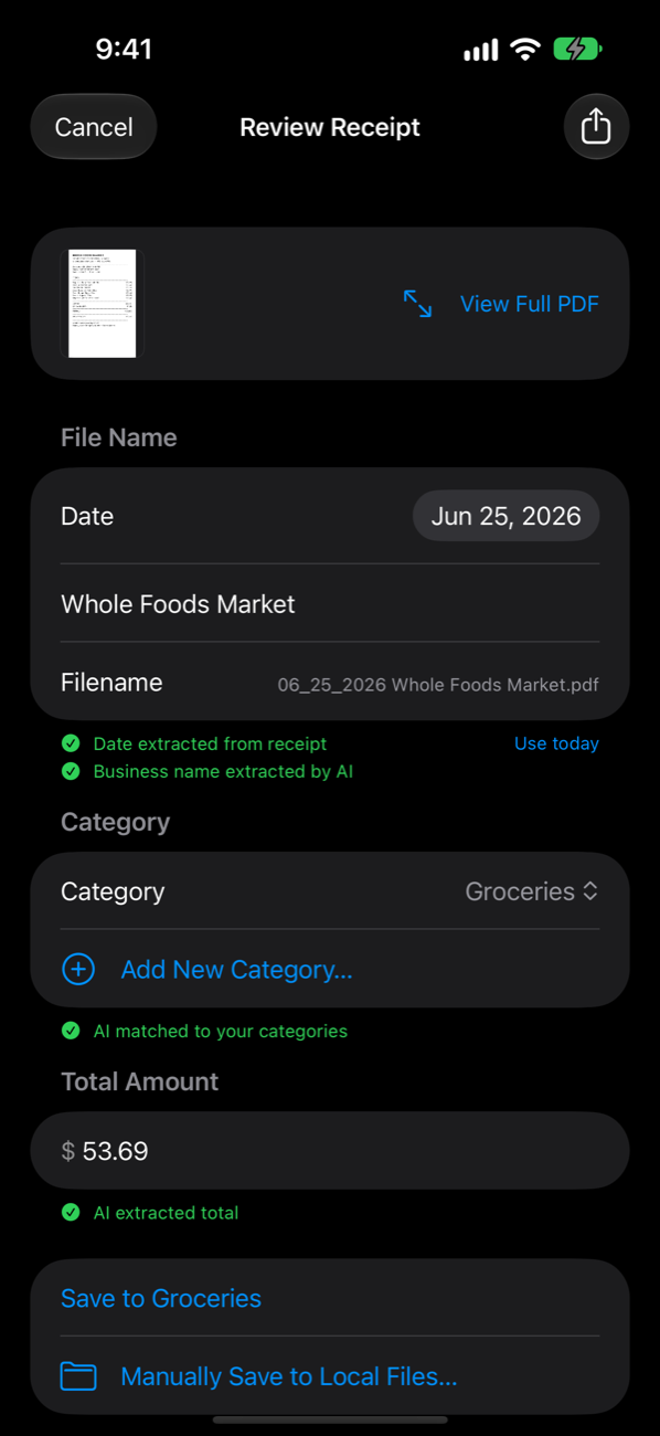 Receipty review screen with AI-filled details