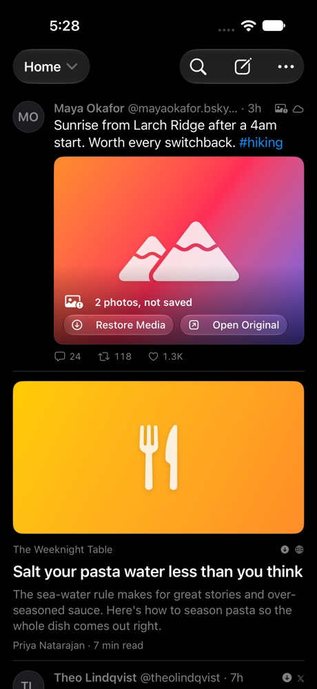A post whose photos aren't saved, showing its thumbnail with Restore Media and Open Original