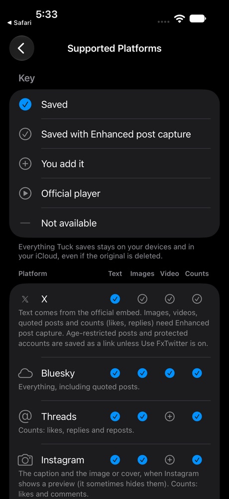Tuck's Supported Platforms table listing what is saved from X, Bluesky, Threads and Instagram