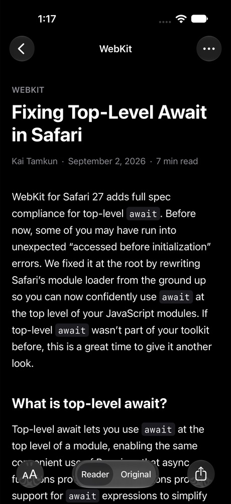 A saved WebKit blog article in the Tuck reader in dark mode