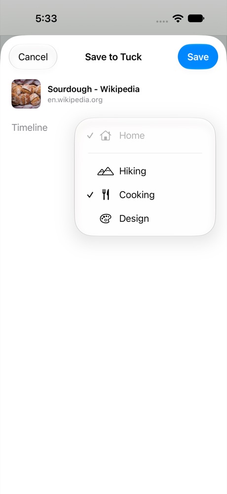The Save to Tuck sheet over a Wikipedia article, with a timeline menu