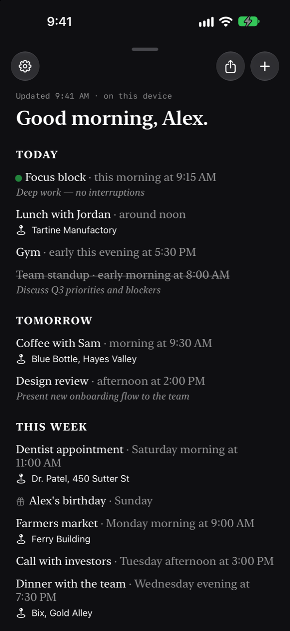 Winter Calendar in the Dark theme showing the same week as white text on near-black