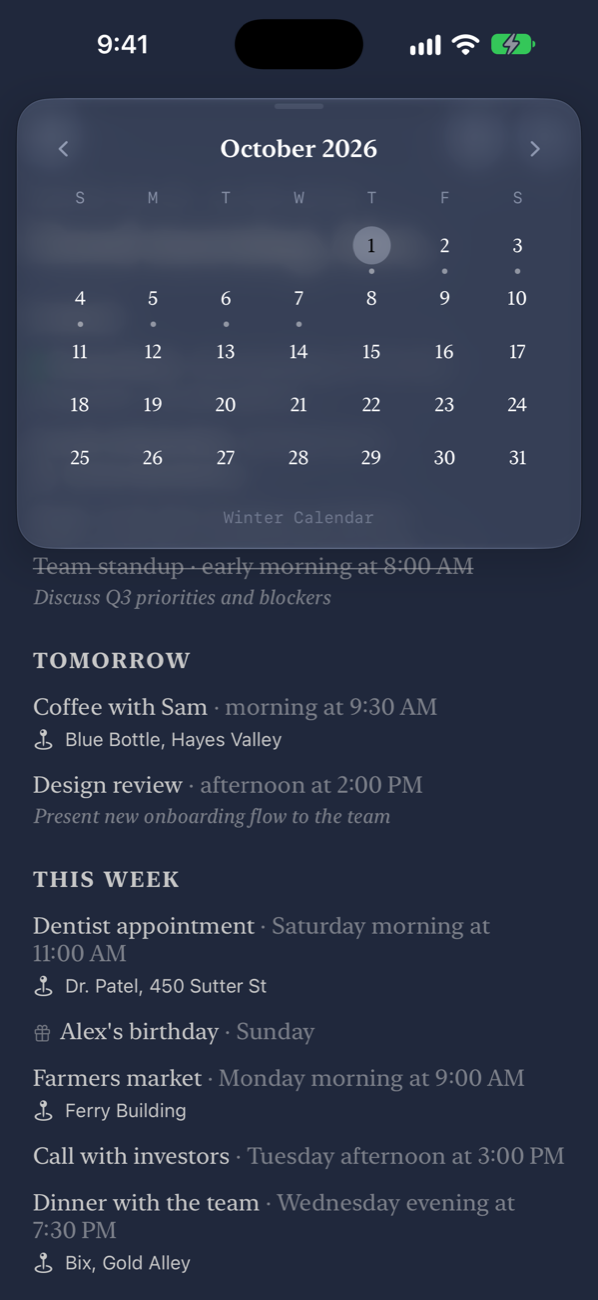 Winter Calendar's pull-down month view for October in the Blue Gray theme, with dots marking days that have events